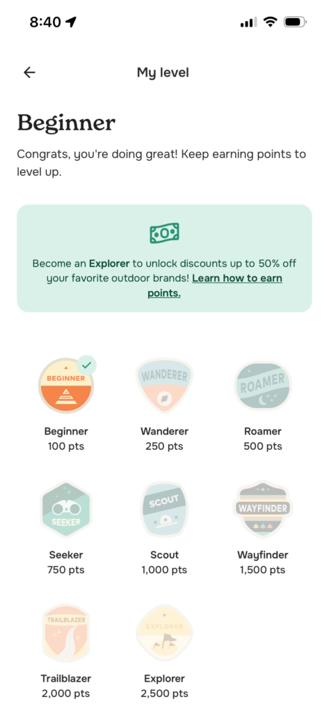 User level display showing progress and available badges in the Outbound app.