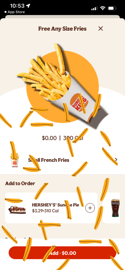Promotion for free fries with options to add to order.