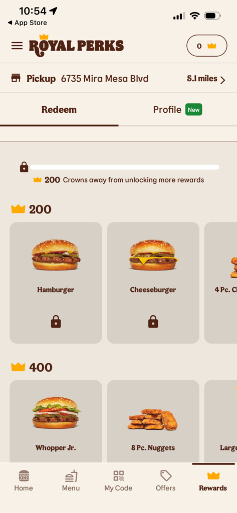 Rewards screen showing available items and crown count for unlocking rewards