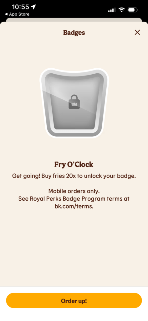 Badge screen with a locked badge icon and order prompt.