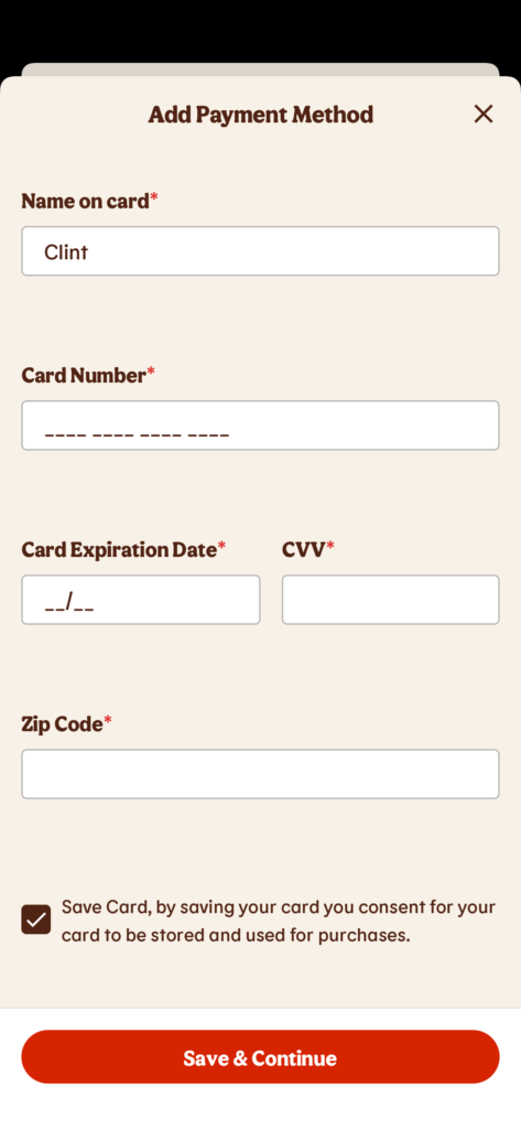 Add payment method screen with input fields for card details.