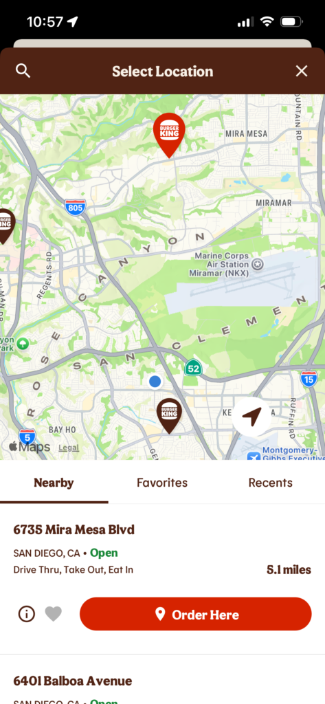 Map view with nearby Burger King locations and selection options.