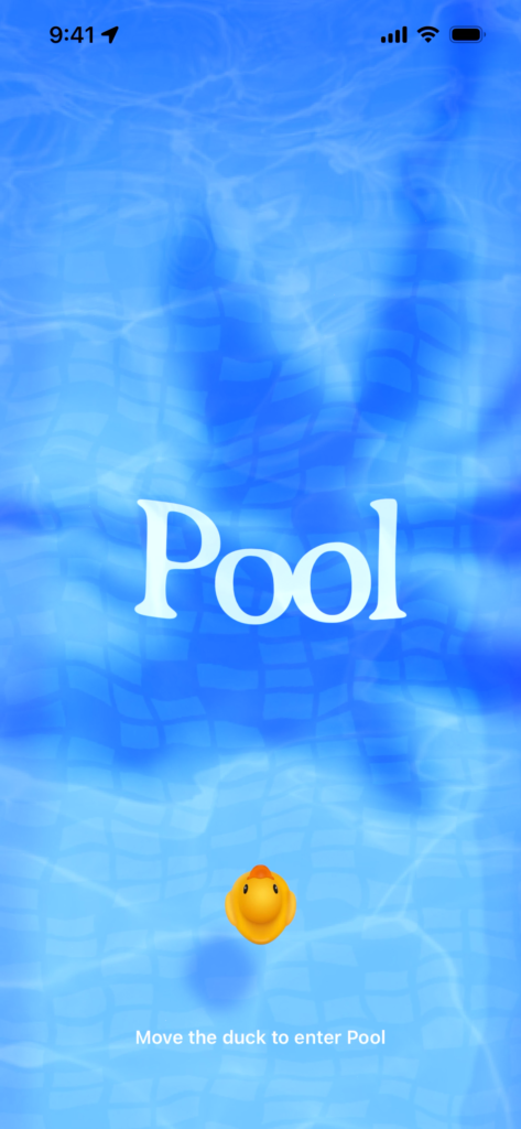 Splash screen with the Pool app name and a duck decoratively swimming on water.