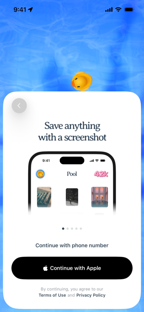 Splash screen for Pool app with an overview of screenshot saving feature.