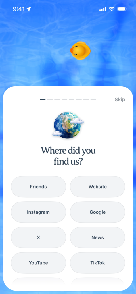 Survey asking how the user found the app, with multiple choice options.