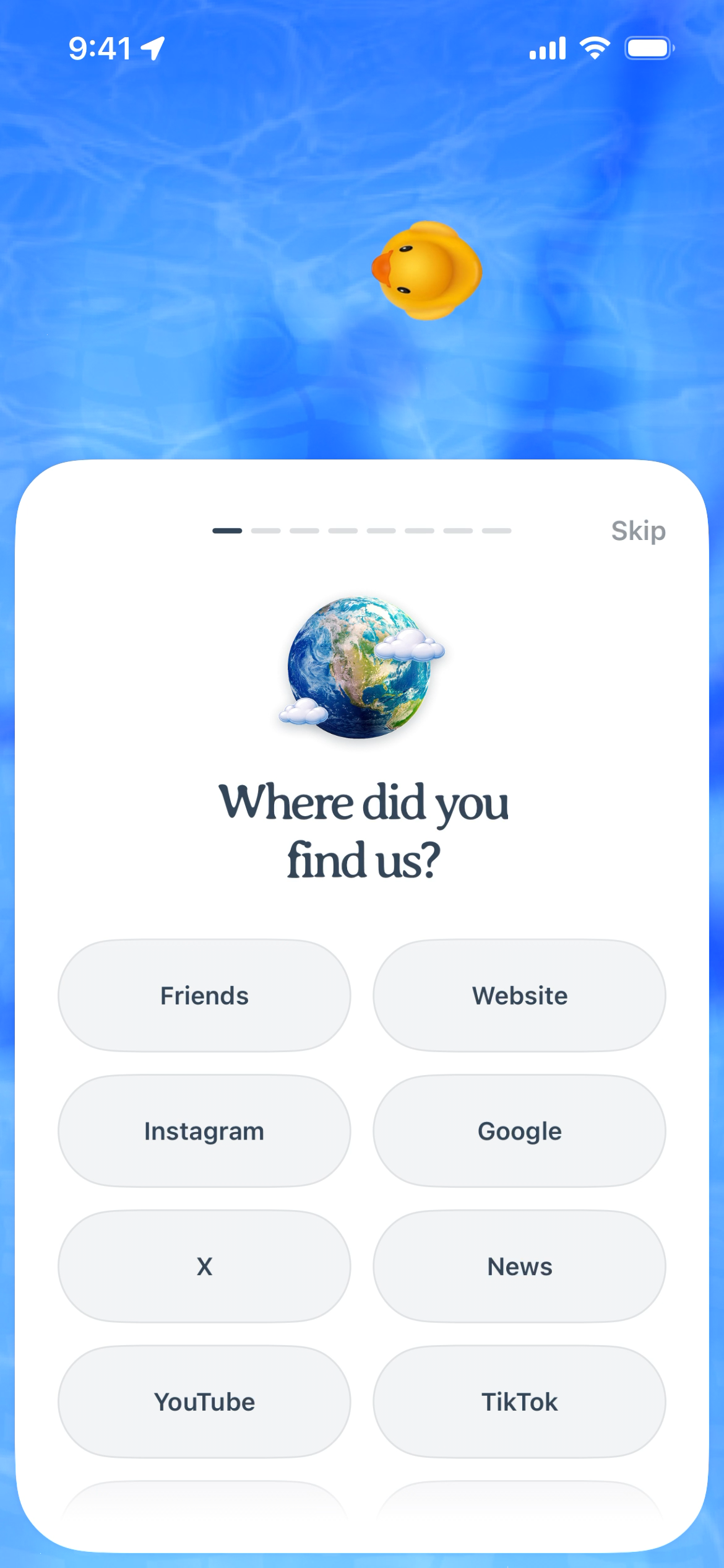 Survey asking how the user found the app, with multiple choice options.