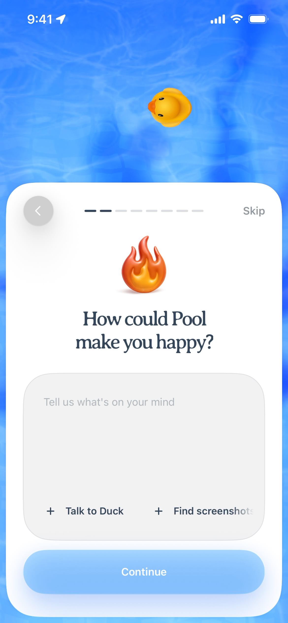 Screenshot of a prompt asking users how Pool can make them happy, featuring a text input and action buttons.