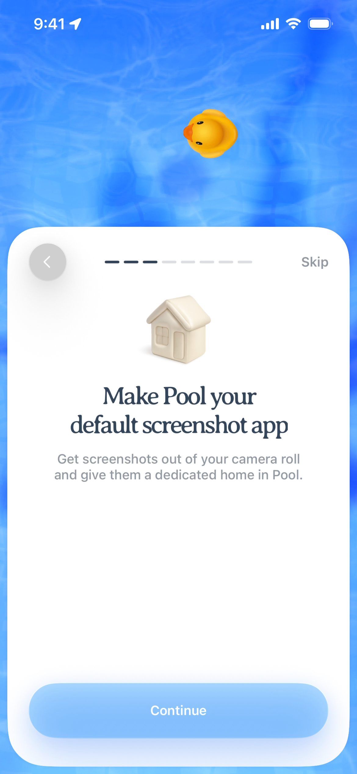 Screen prompting user to set Pool as the default screenshot app with a continue button.