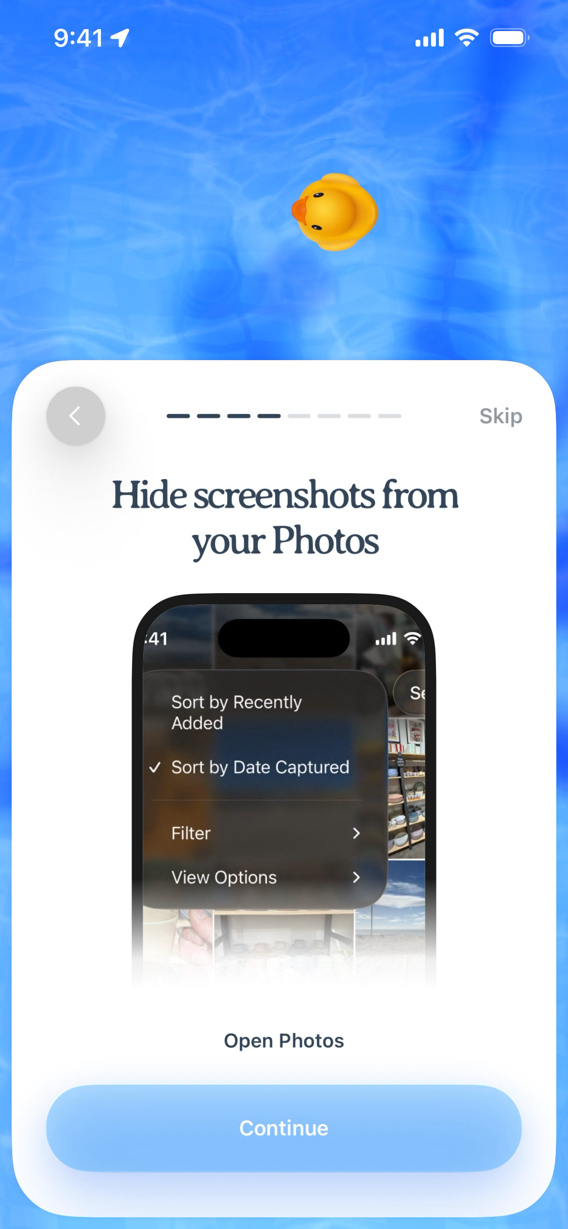 Settings screen for managing screenshot visibility in Photos.