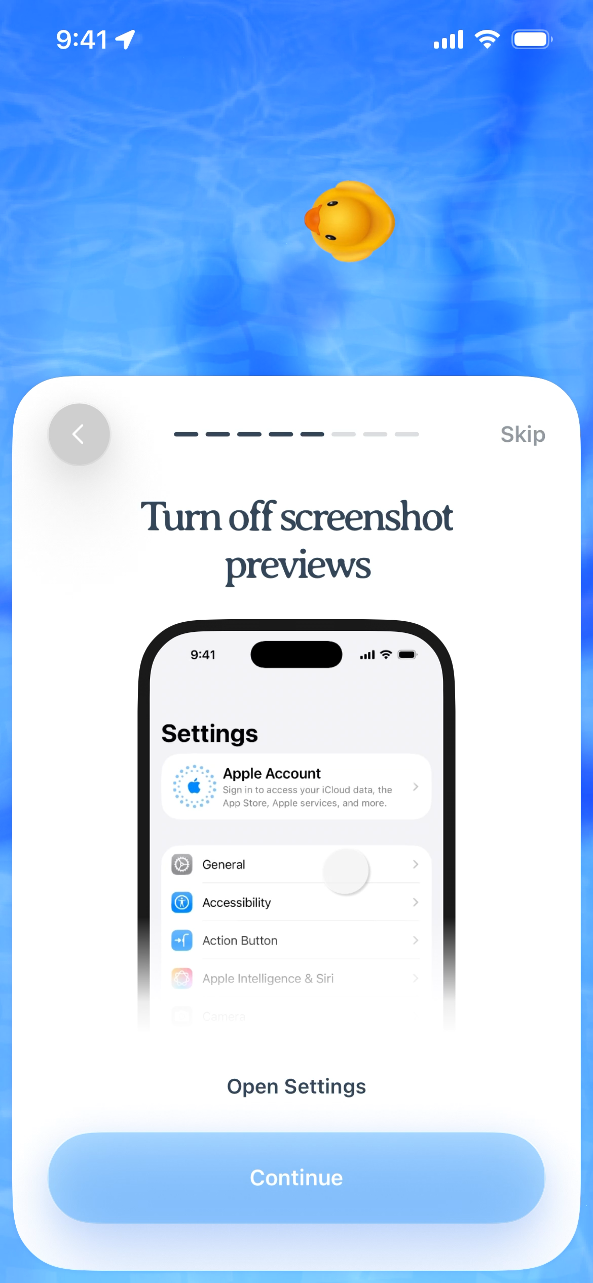 Settings screen with option to turn off screenshot previews, featuring buttons.
