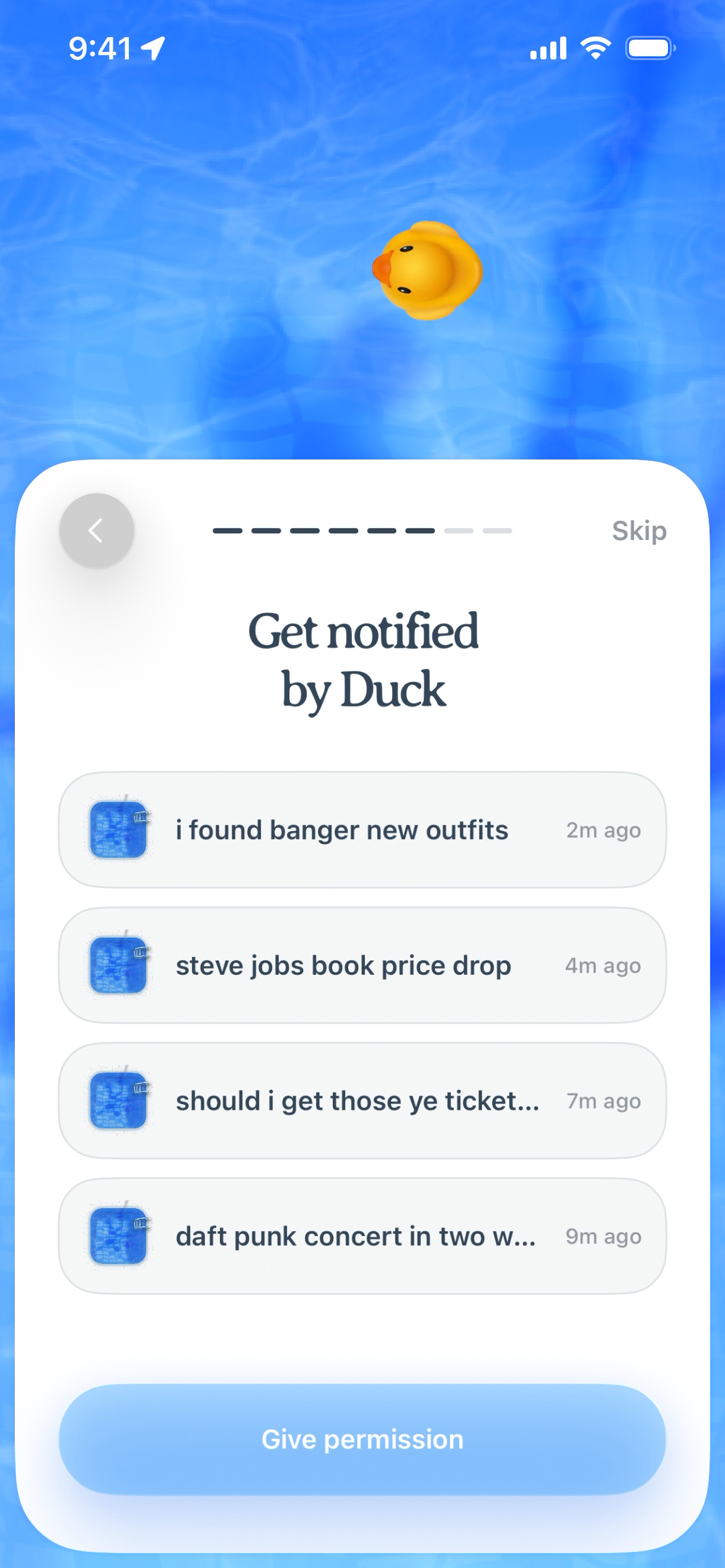 Notification prompt screen with messages and a button to give permissions.