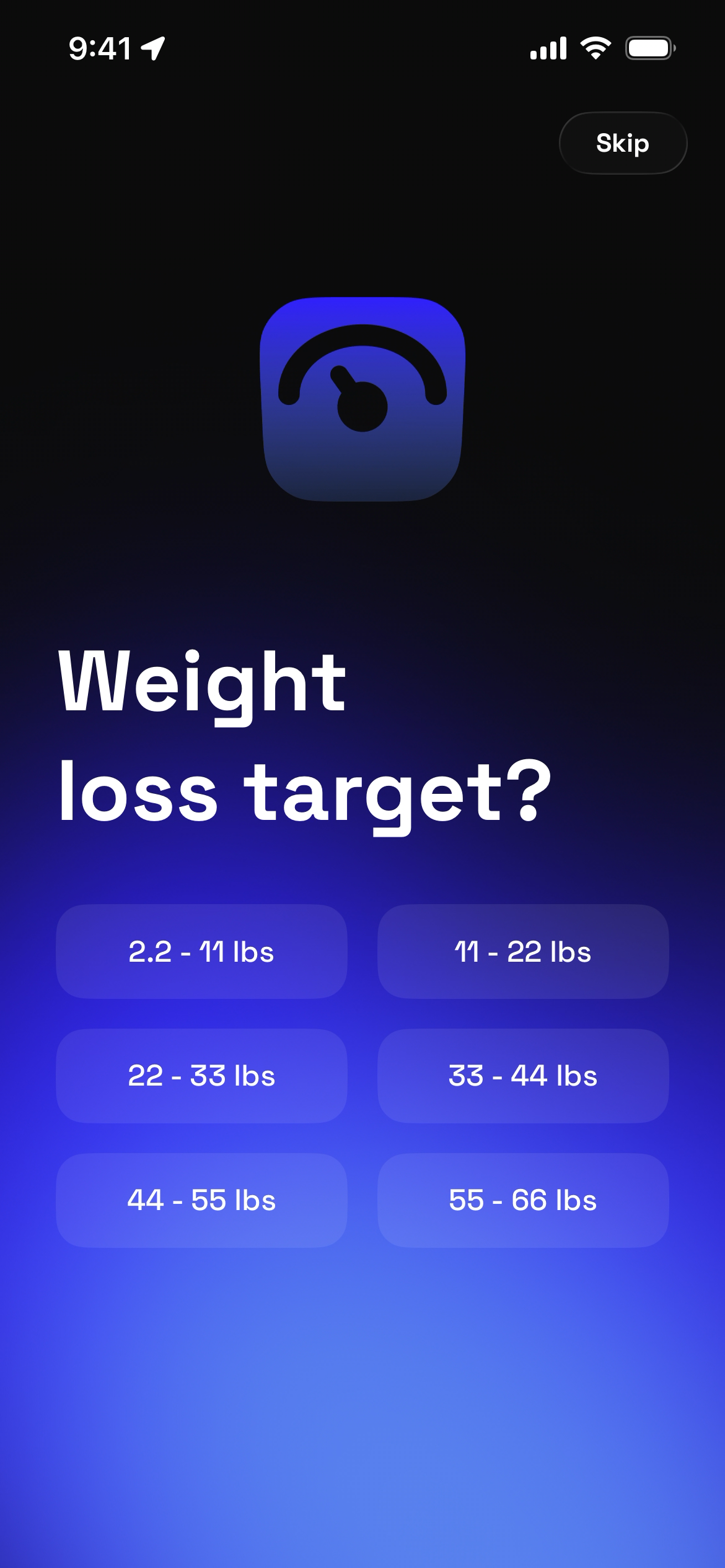Screen asking for weight loss target with selectable ranges.