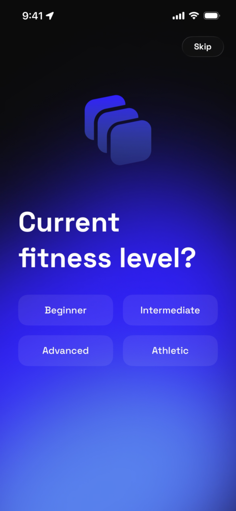 Screen asking for current fitness level with buttons for options.