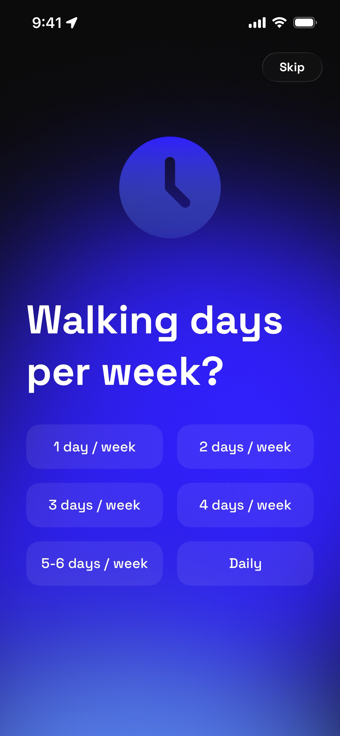 Screen showing options for walking days per week in the GO Club app.