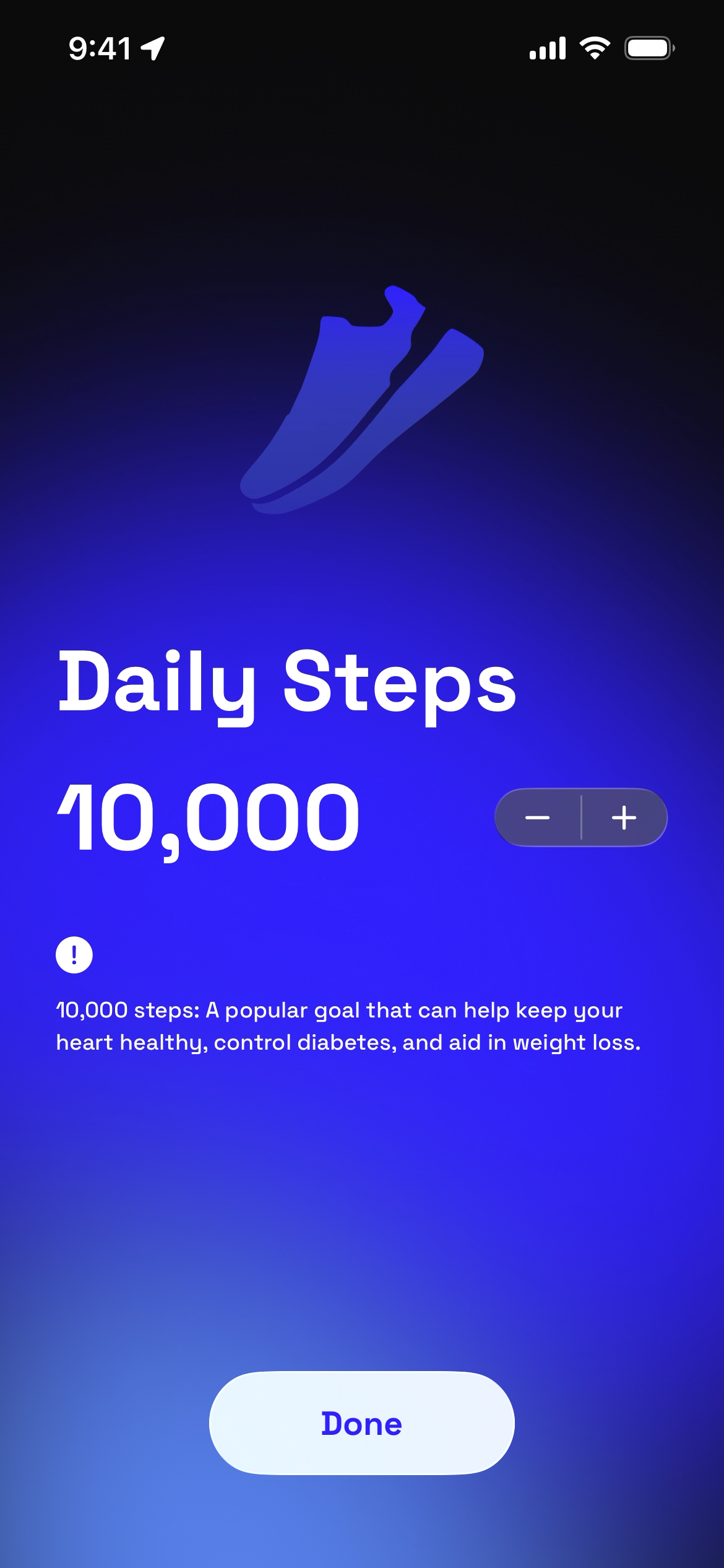 Daily steps goal screen displaying step counter and information.
