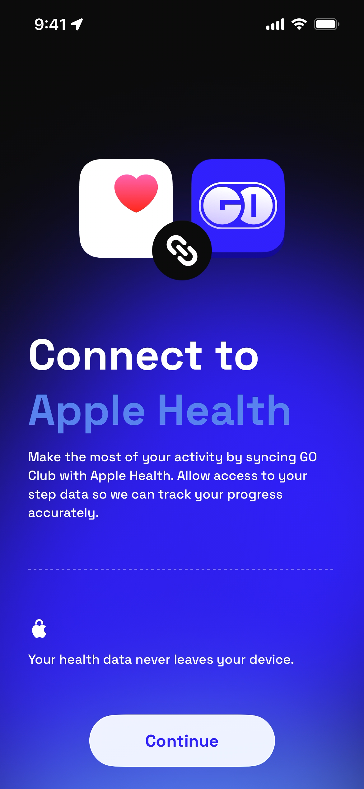 Screen to connect GO Club app with Apple Health for tracking progress.