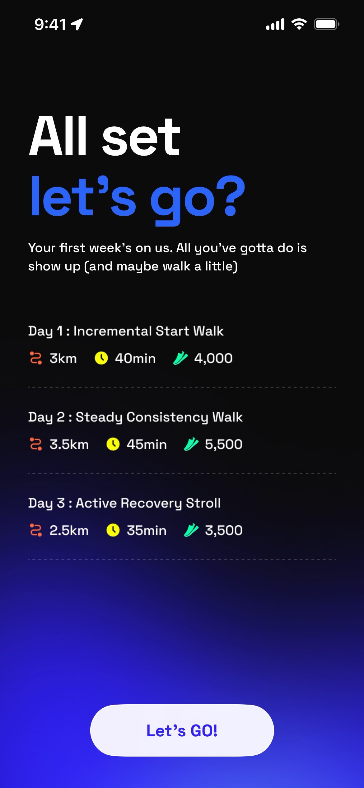 A screen displaying walking plans for a week with goals and durations.