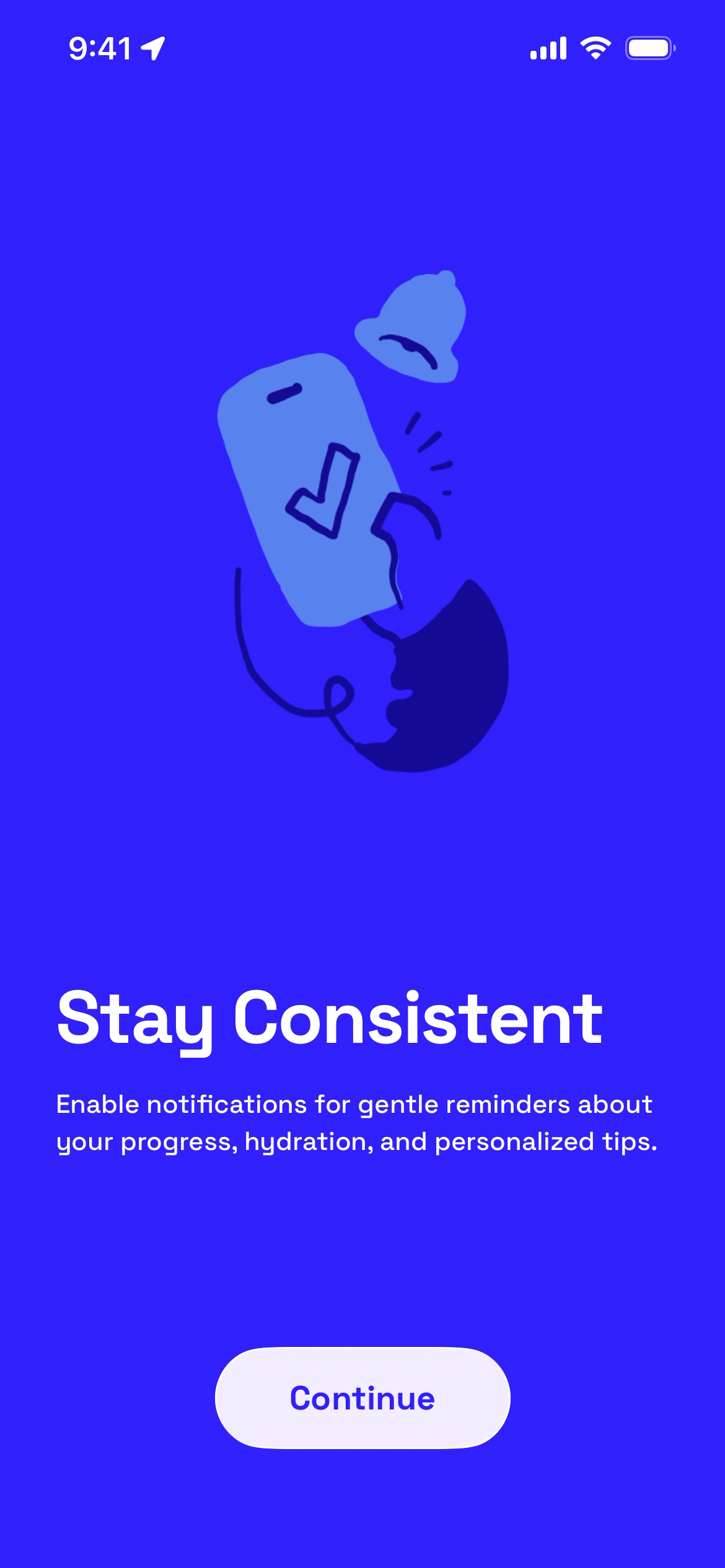 Screen prompting users to enable notifications with a continue button.