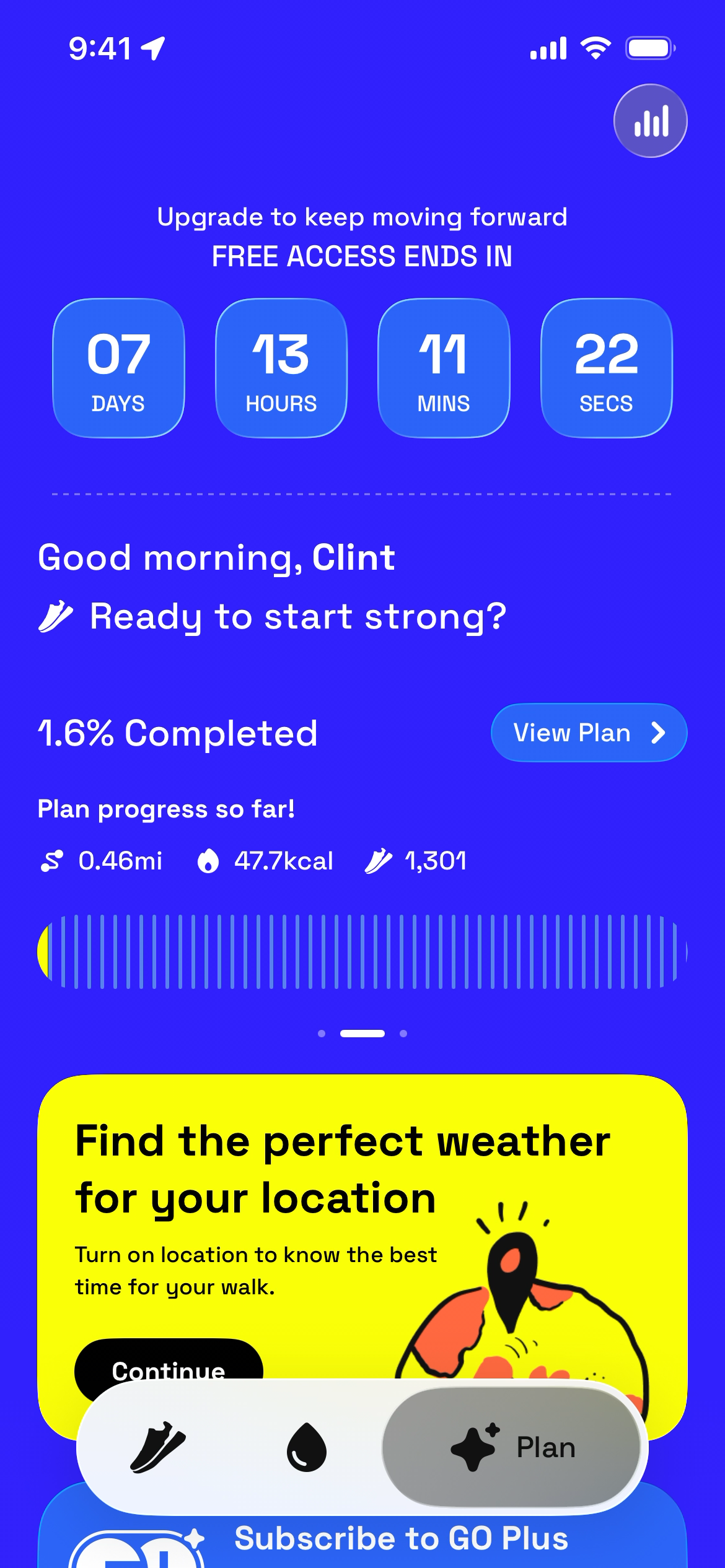 Daily progress screen showing steps, calories, and a motivational message.