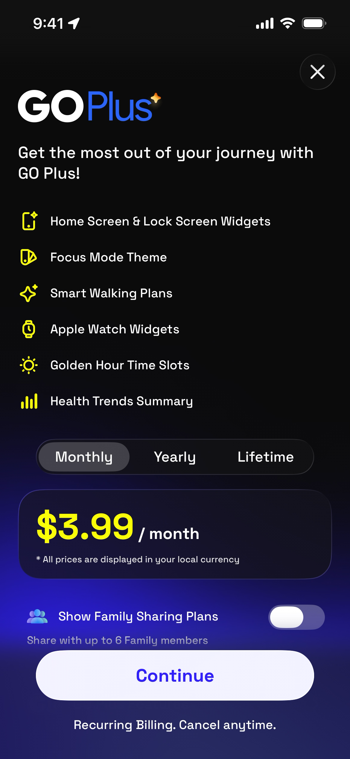 Subscription options screen with pricing for GO Plus and features list.
