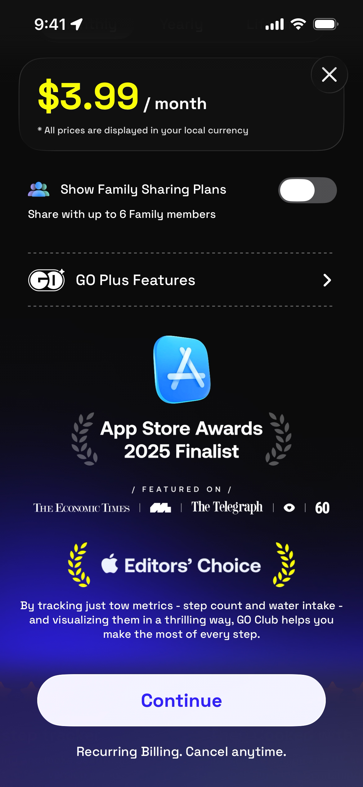 Subscription page featuring pricing details and family sharing options.