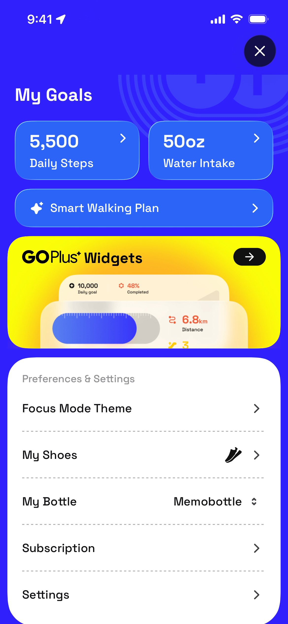 User goals screen showing daily steps and water intake targets.