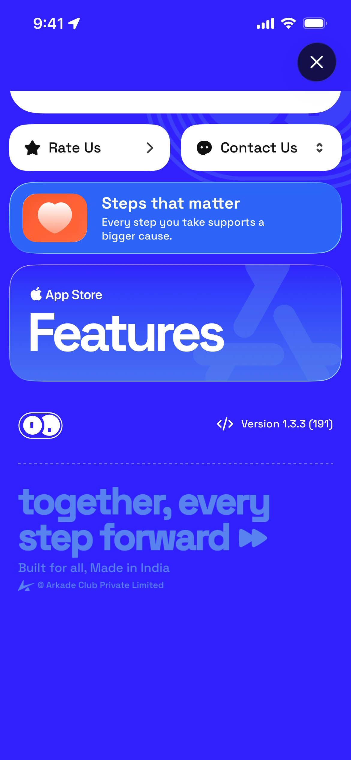 GO Club app screen showing features section with navigation buttons and a toggle switch.