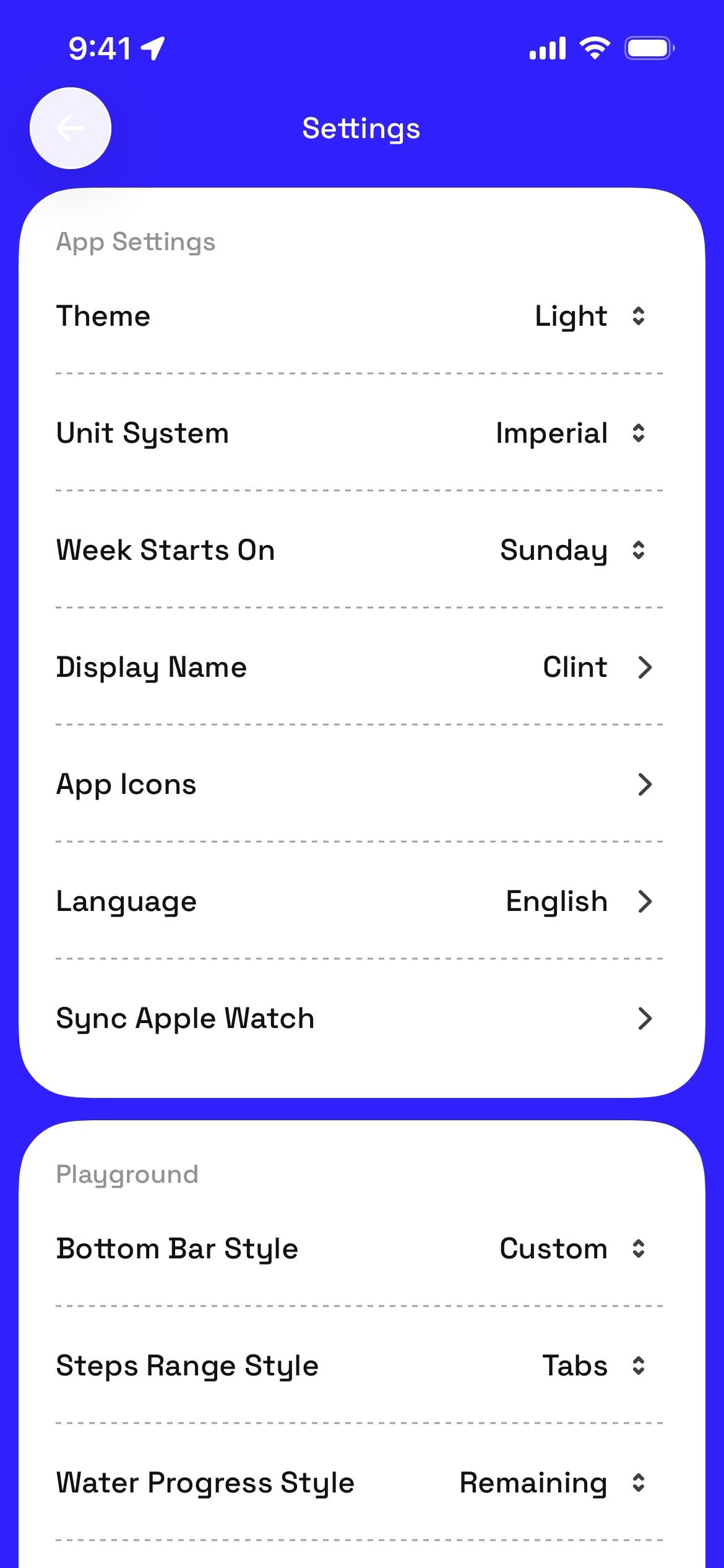Settings screen for the GO Club app featuring app configuration options.