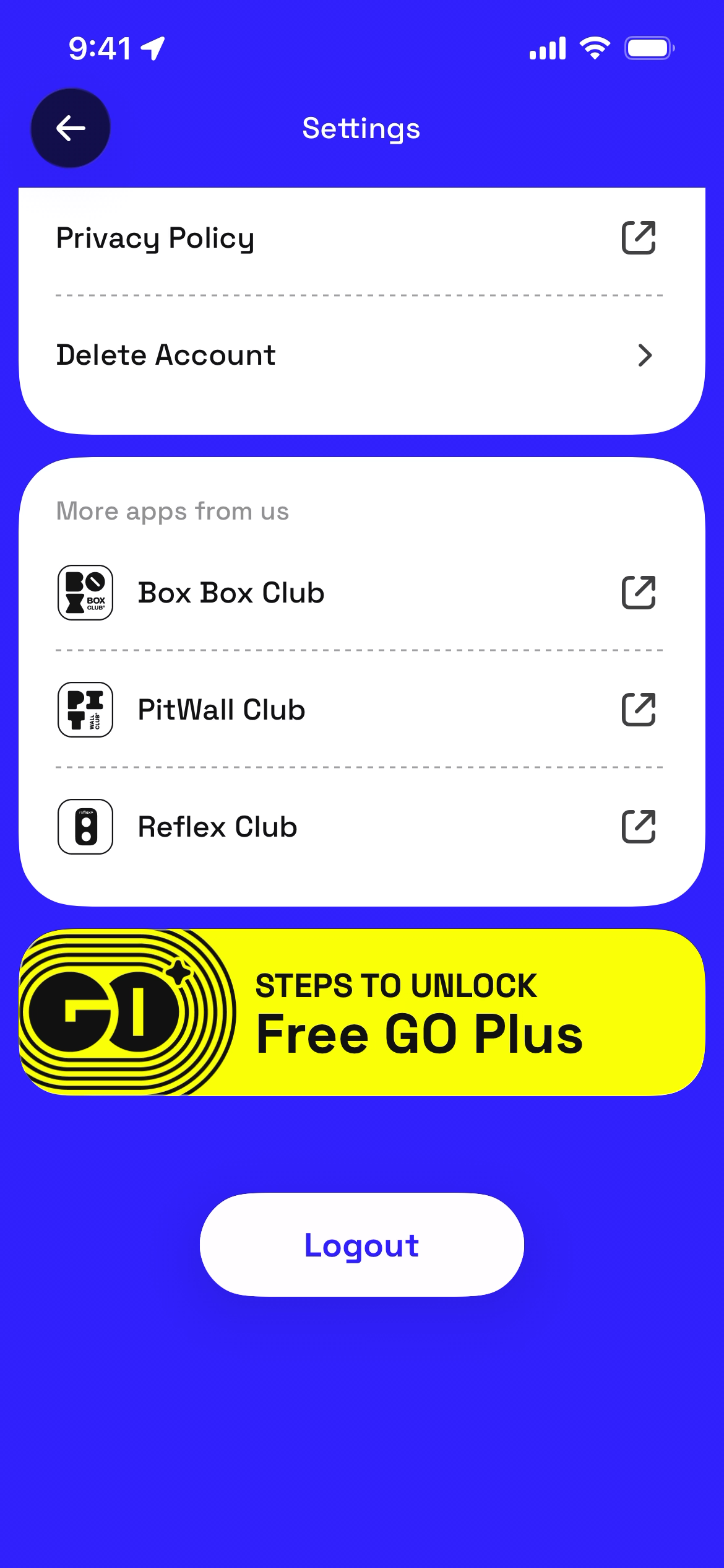 Settings screen with options and logout button.