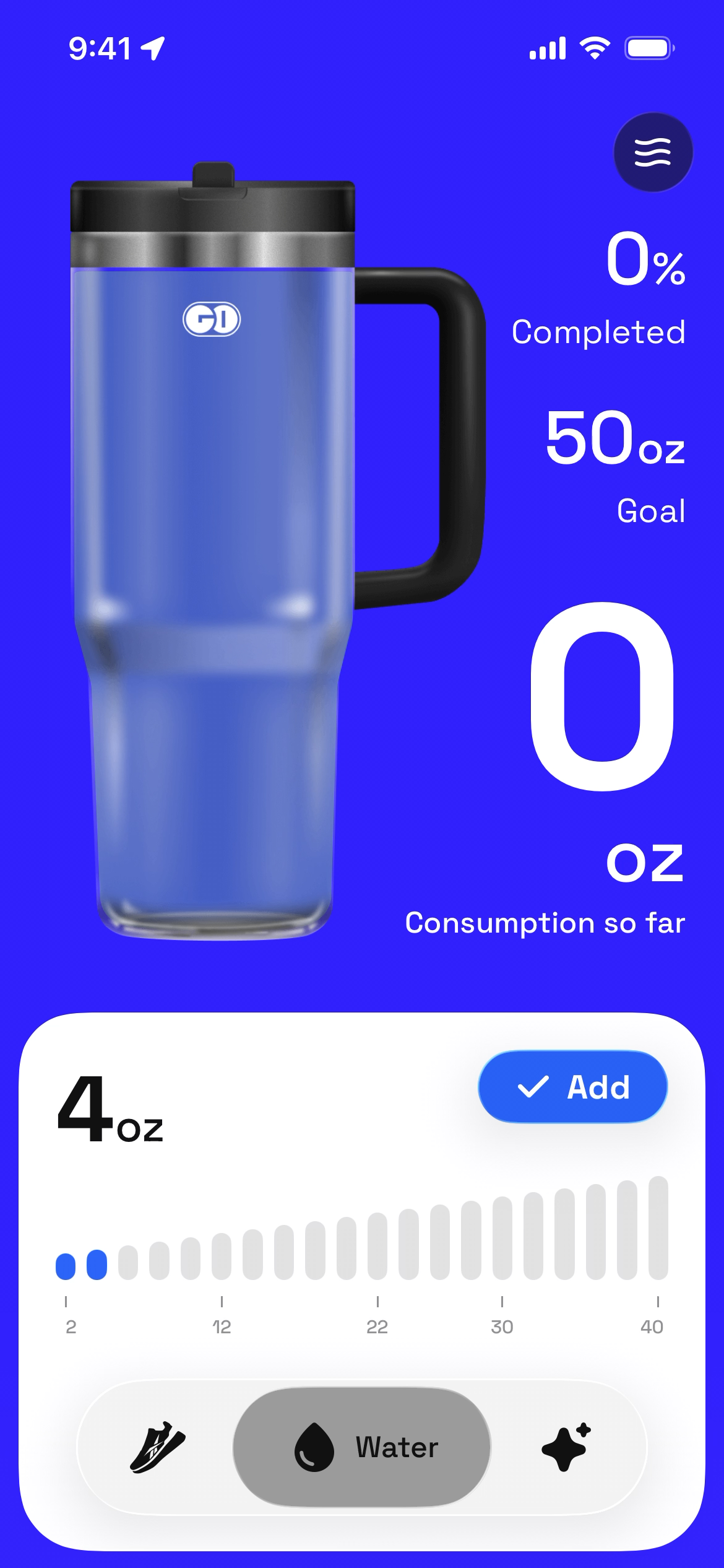 Water consumption tracking screen showing progress and goal.