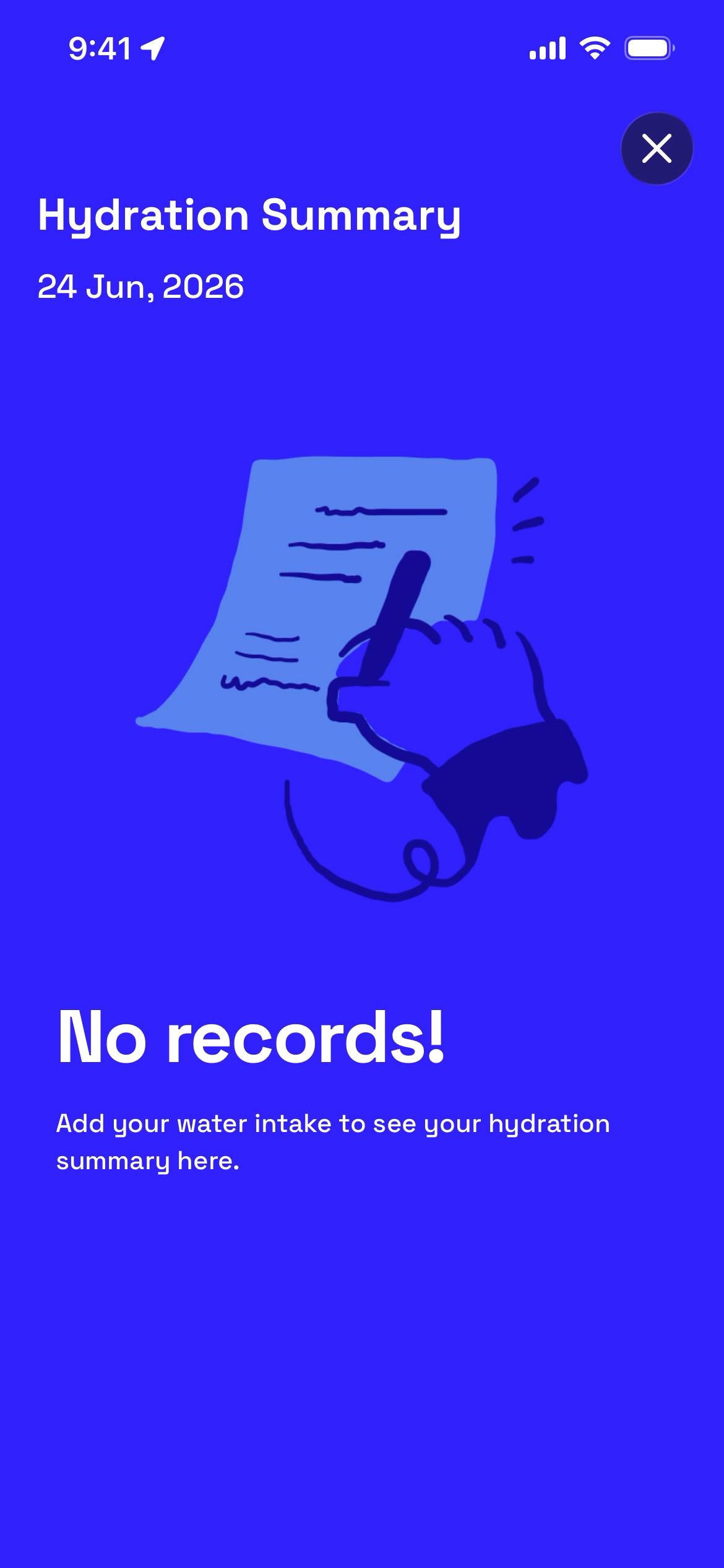 Screen displaying hydration summary with no records available.