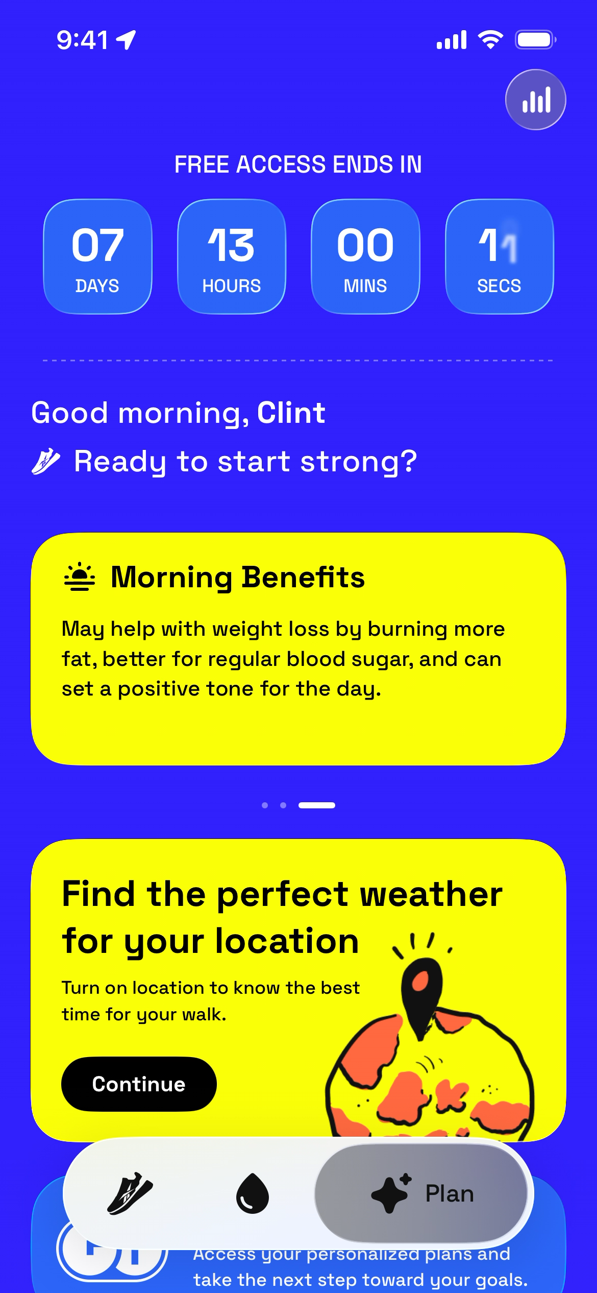 Welcome screen showing countdown timer and morning benefits