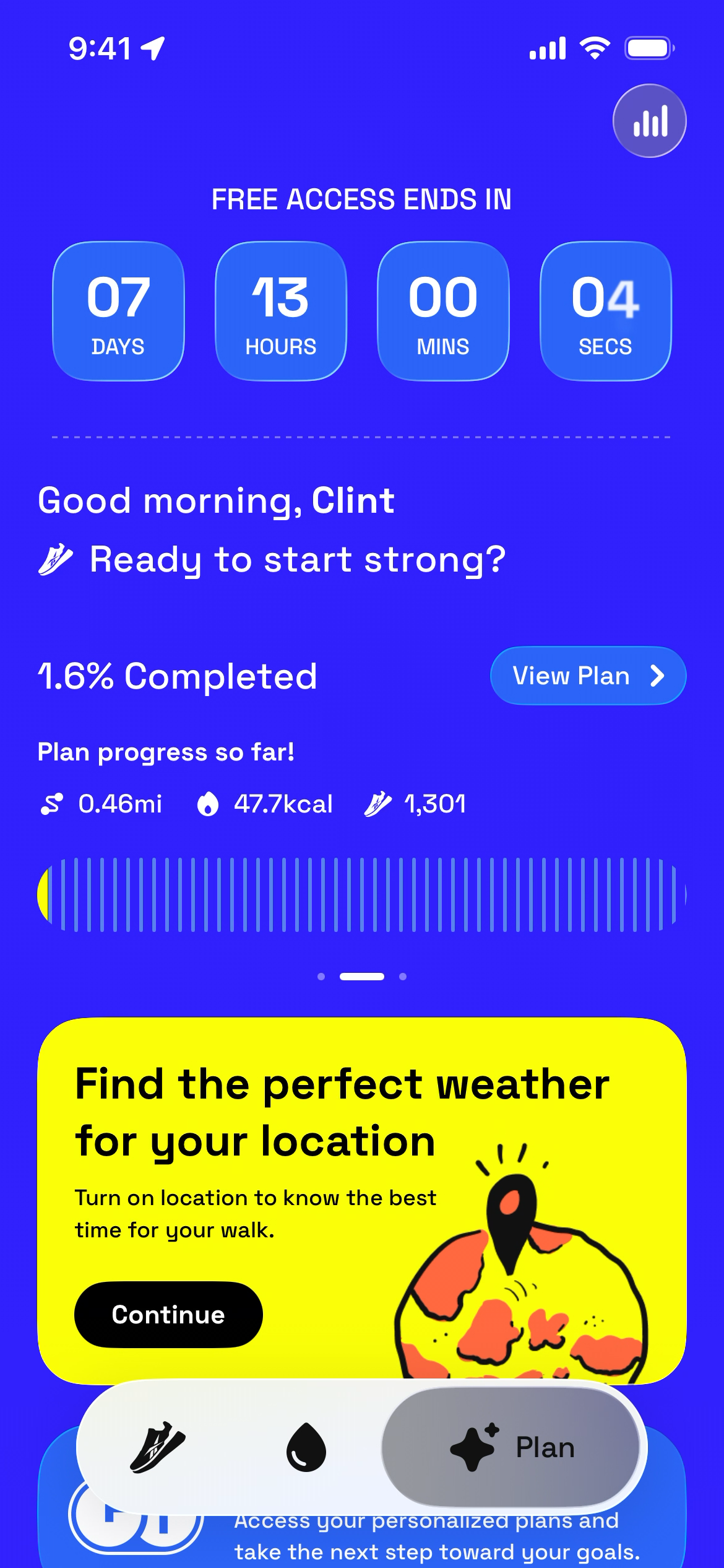 Dashboard displaying user's activity progress and weather suggestion.