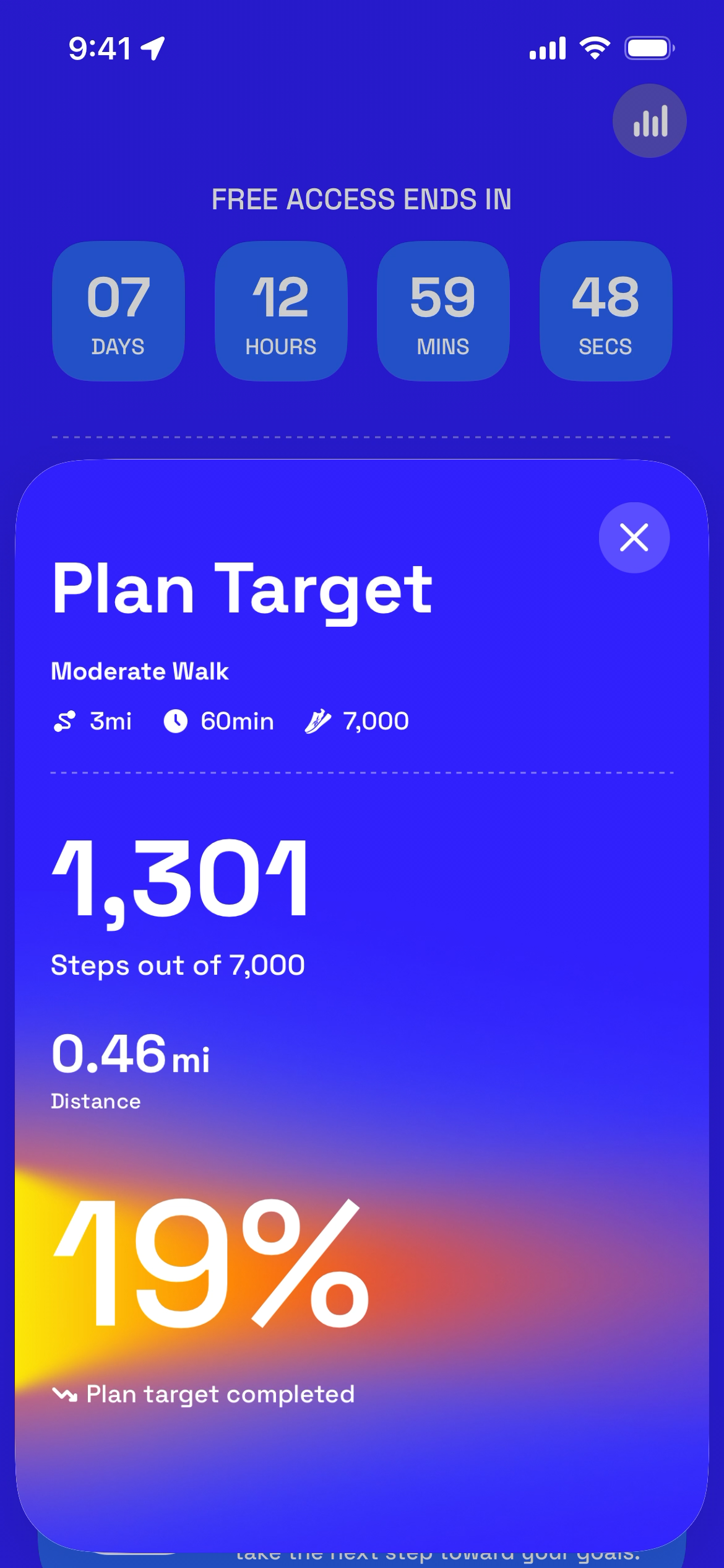 Screenshot showing step target progress with countdown timer and metrics.