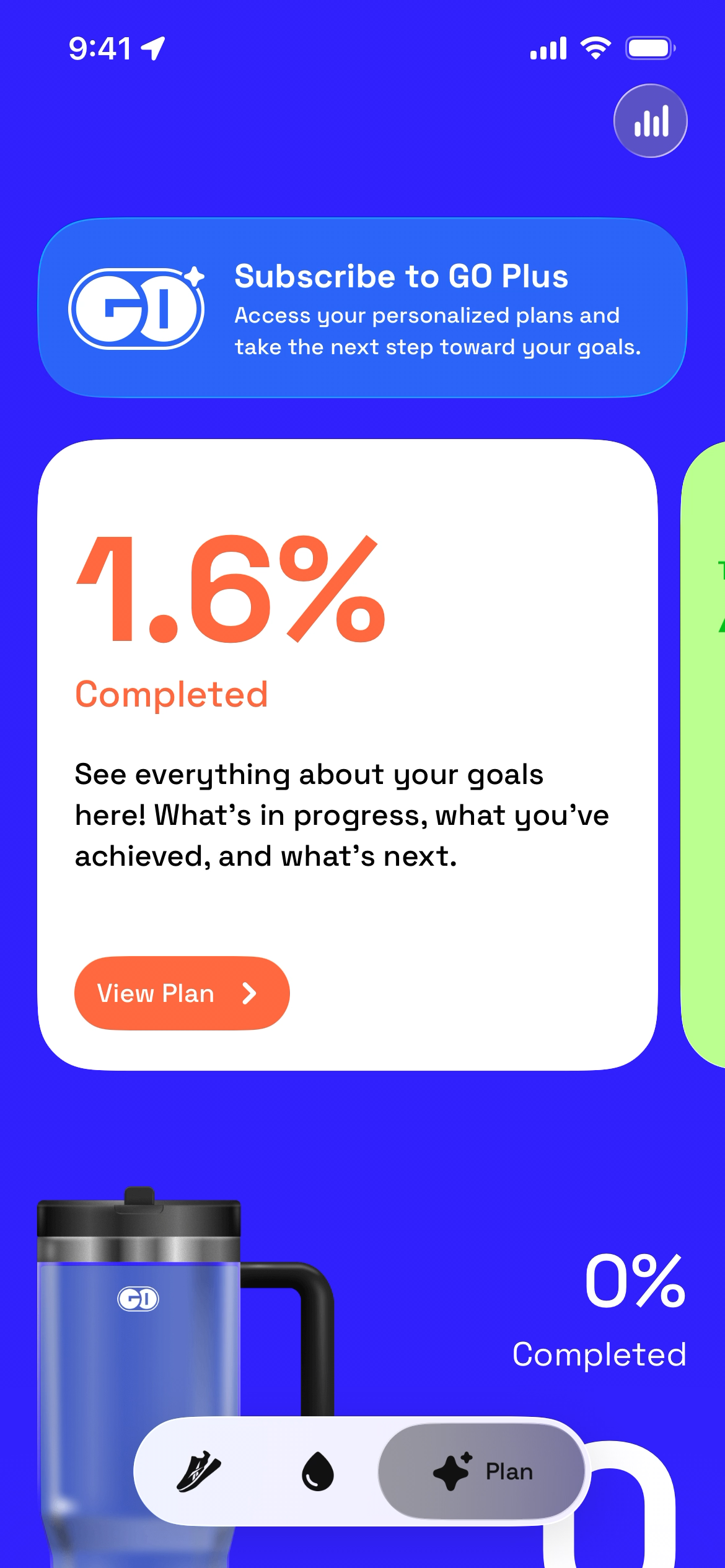 Progress tracker showing 1.6% completed with a button to view plan