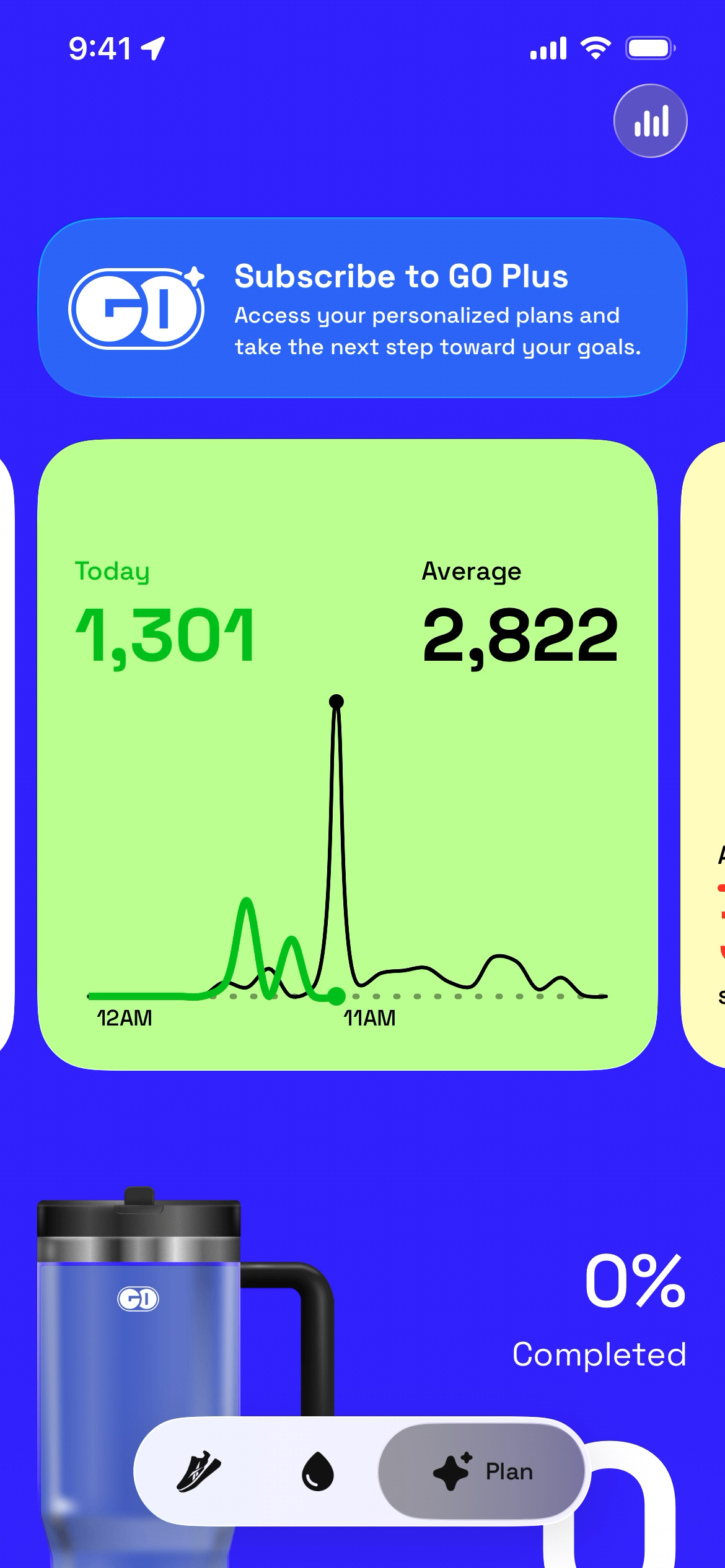 Daily step count display with subscription prompt and water tracking controls.