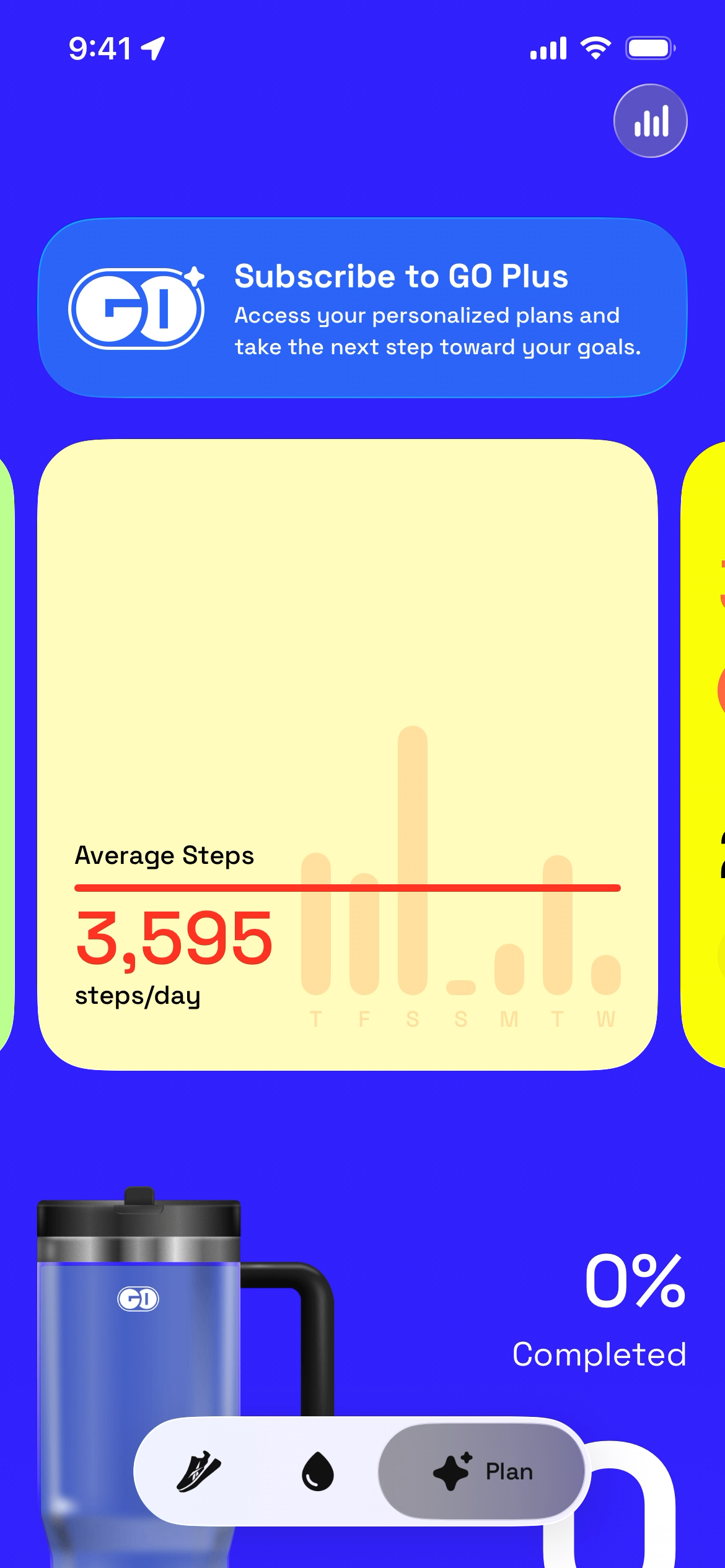 Screenshot showing average steps and completion percentage in GO Club app