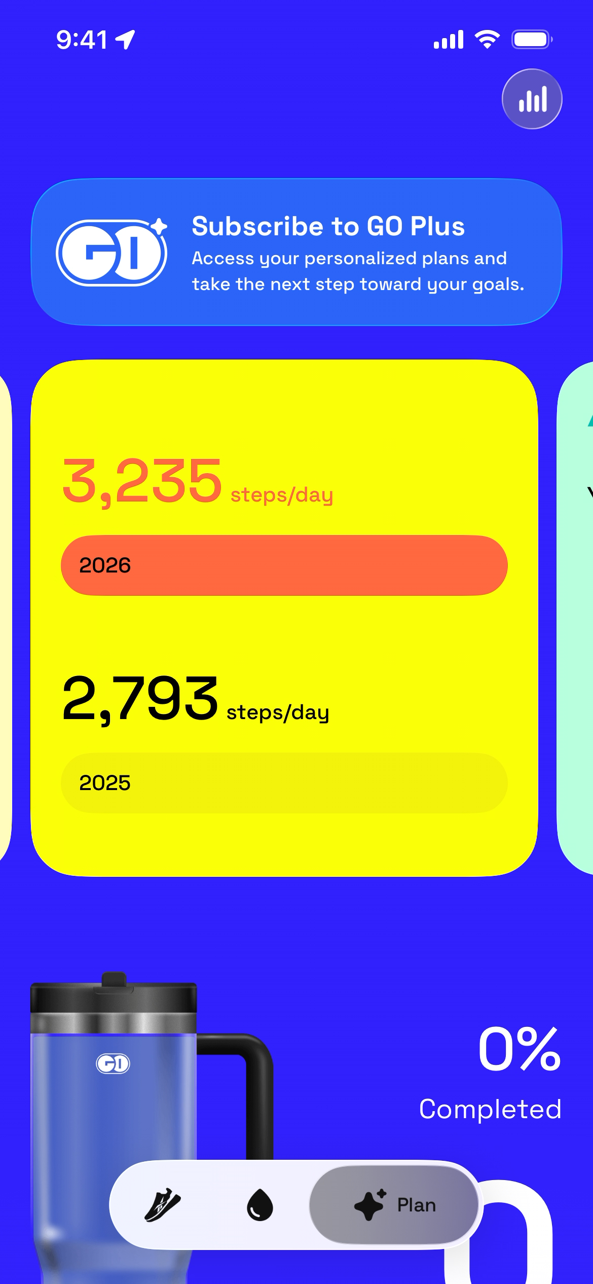 Monthly step count display in the GO Club app, showing steps for 2025 and 2026.