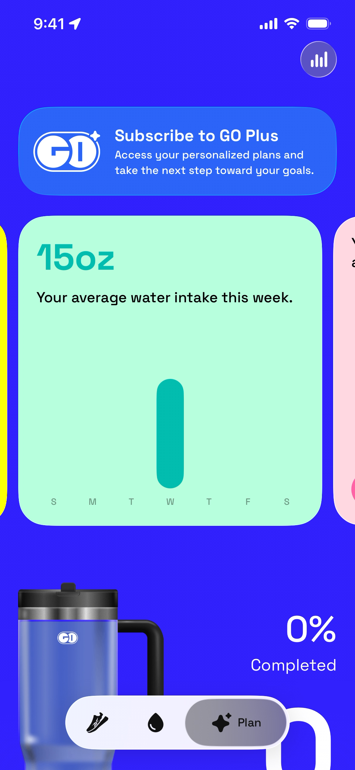 Screen displaying water intake information with a progress indicator.