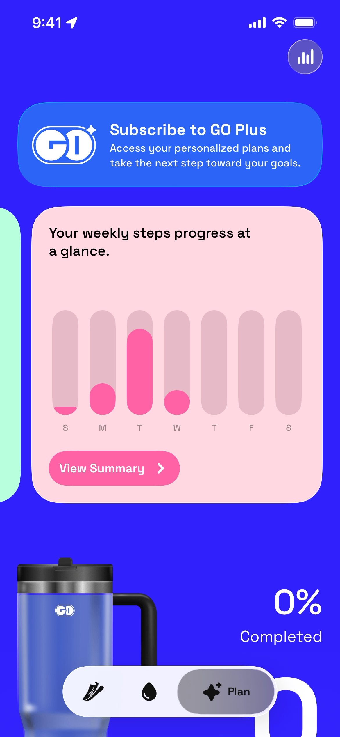 Weekly steps progress chart with a subscription prompt and water intake summary.