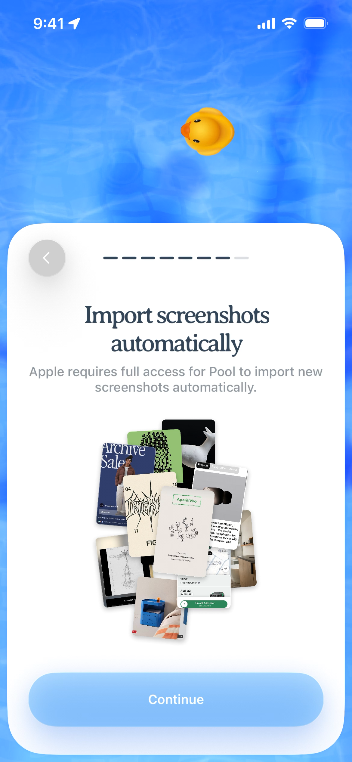 Screen for importing screenshots automatically in the Pool app.