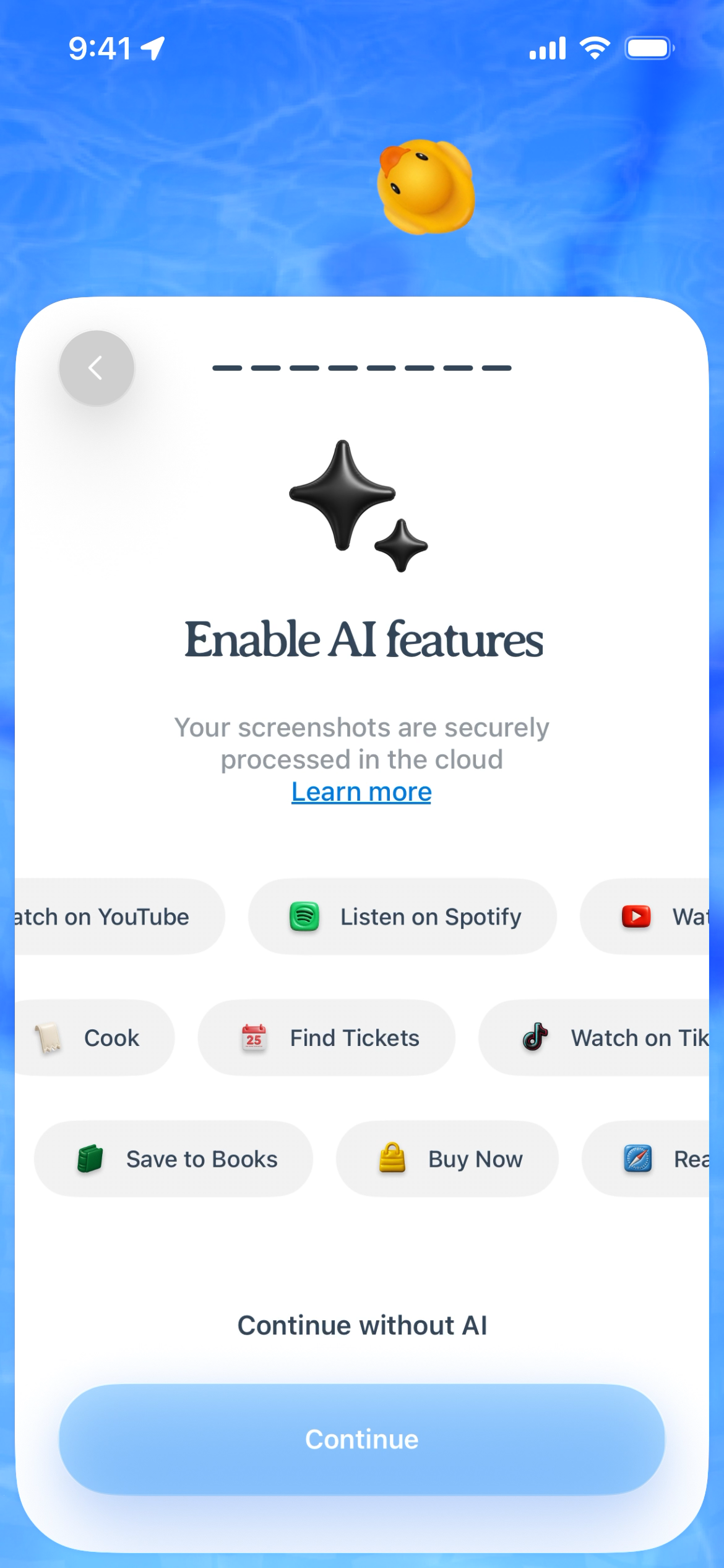 Screen prompting to enable AI features with various action buttons.