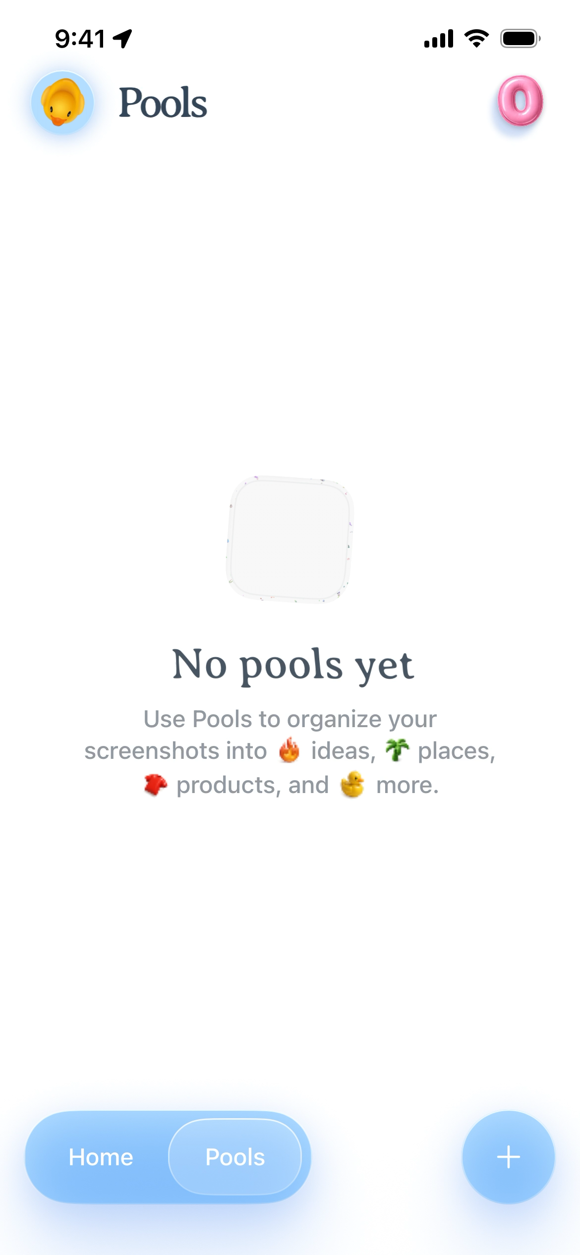 Screen displaying message about no pools available in the app.