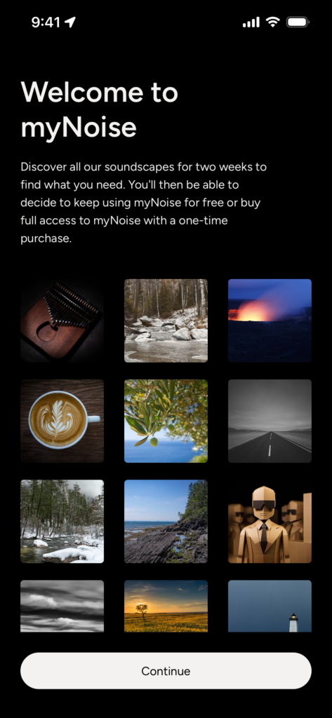 Welcome screen with soundscapes and a continue button.