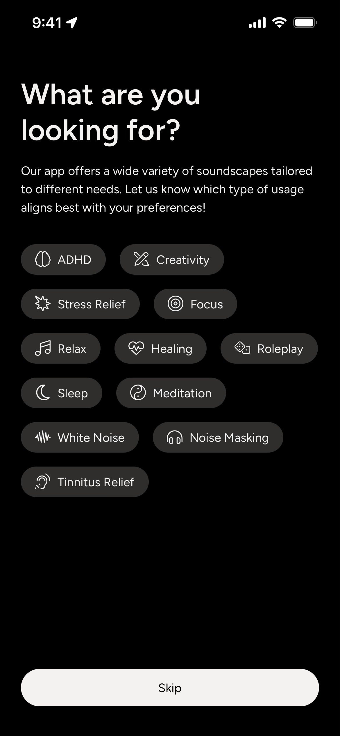 Selection screen for various soundscape types in myNoise app.