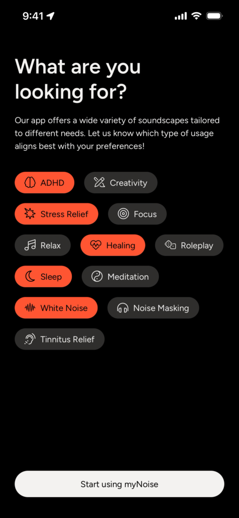 Screen with soundscape options including ADHD, Stress Relief, and more.