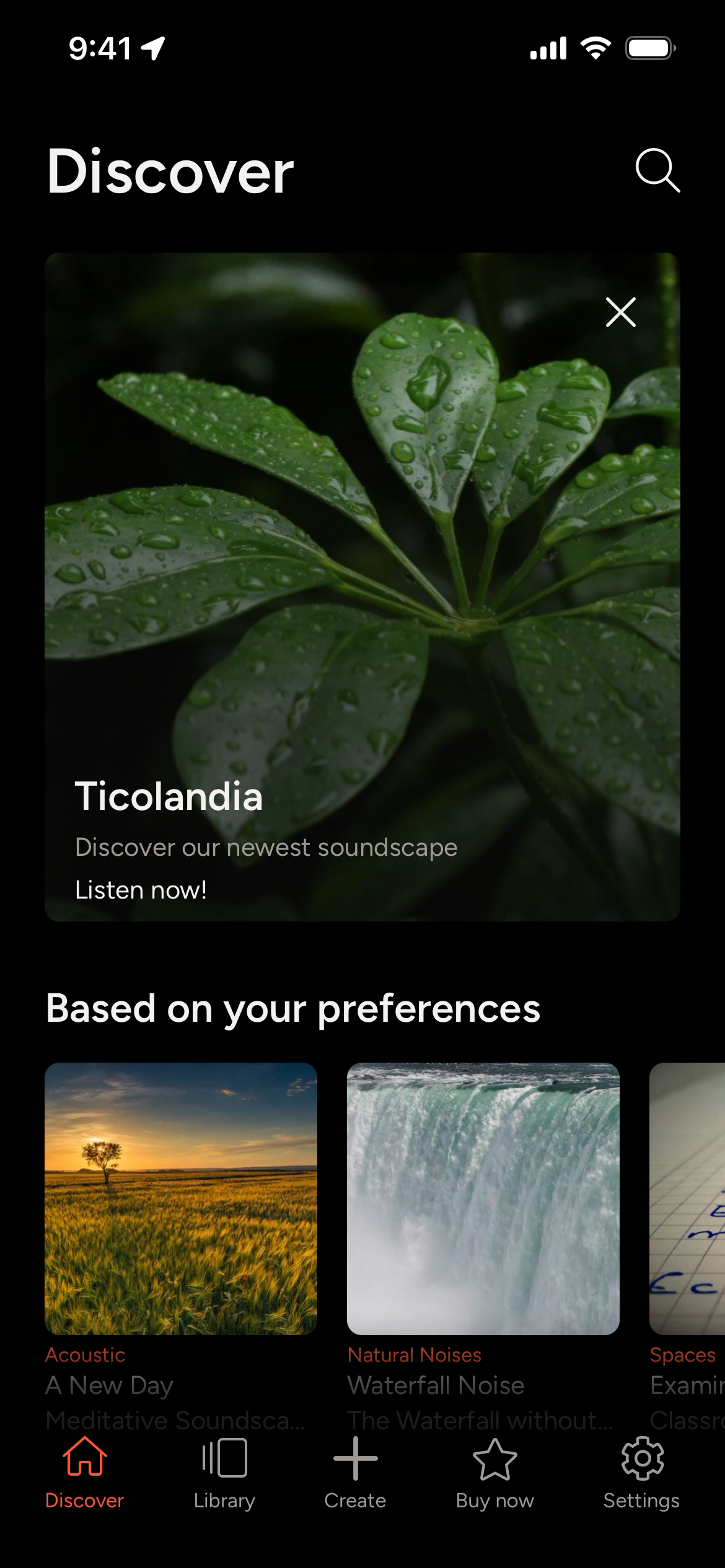 Discover screen with soundscape feature and preferences section.