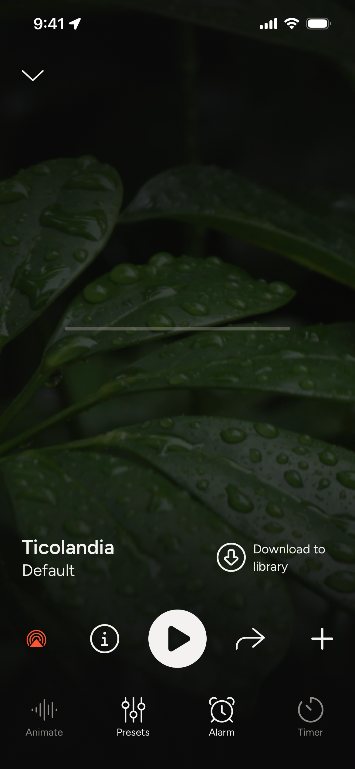 Audio settings screen with play button and download option for Ticolandia sound profile.