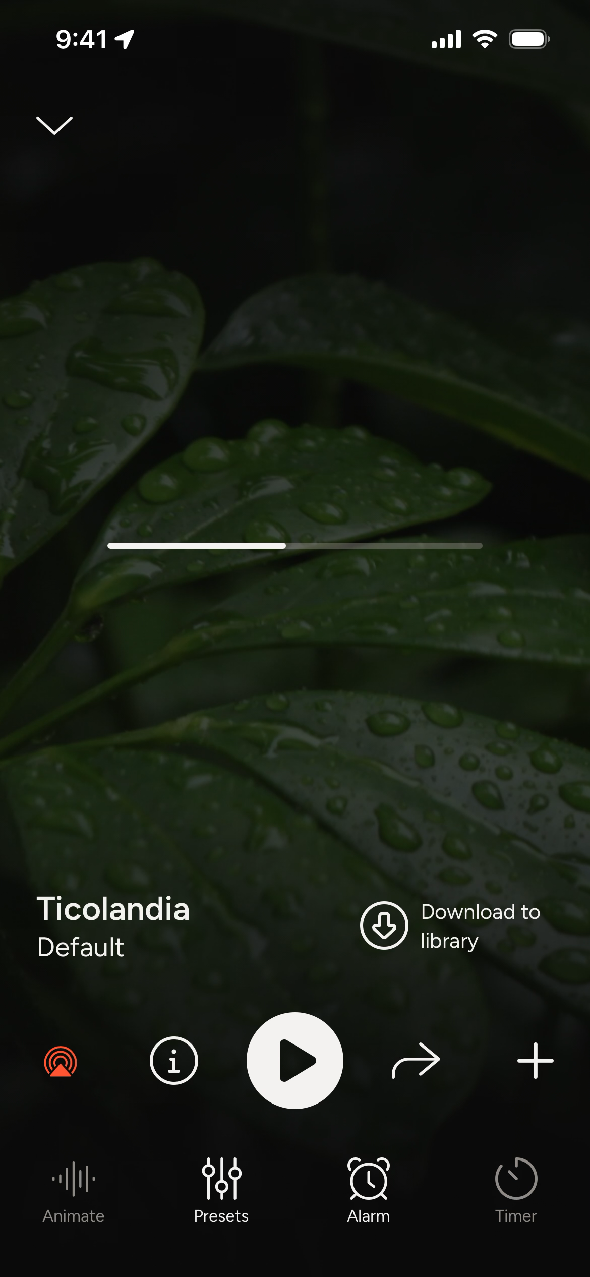 myNoise app audio player screen displaying Ticolandia with playback controls.