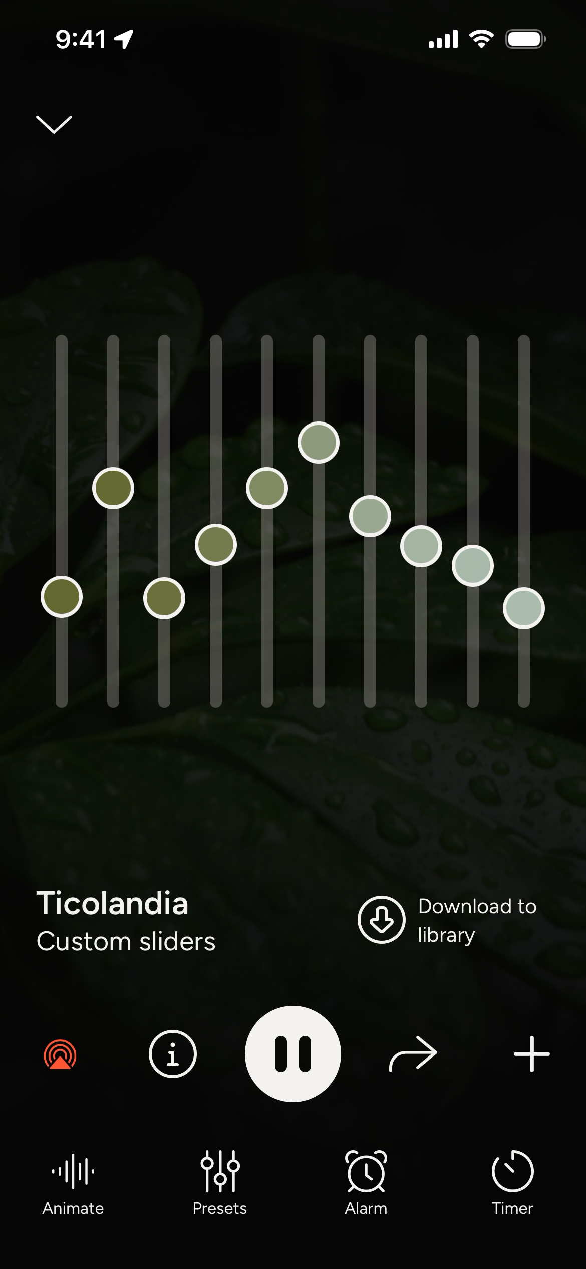 Custom sliders interface of myNoise app with audio controls.
